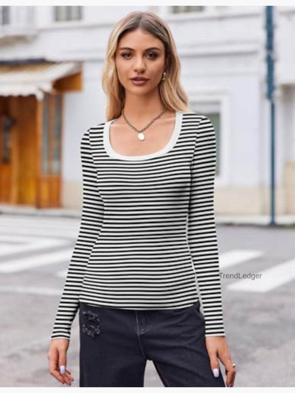 Long Sleeve Rib Knit Scoop Neck Tee Slim Fit Business Casual Top - Picture 4 of 7